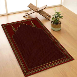 Tapis de prière rouge et or : Décoration musulmane pour la maison, cadeau spirituel, tapis doux à poils longs - Product Image 4