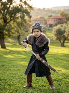 Costume traditionnel ottoman Ertugrul Gazi pour enfants avec col en fourrure - Bleu foncé, tenue de circoncision turque, kaftan royal pour mariage - Product Image 3