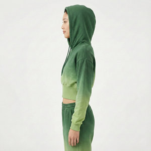 Sudadera con Capucha Corta de Cintura Alta para Mujer, Estilo Casual, Dobladillo Acordonado Ancho, Hombros Caídos, Manga Abullonada, Felpa de Algodón - Product Image 2