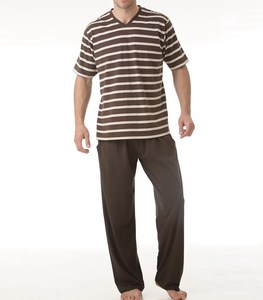 Ensemble de pyjama décontracté pour homme, vêtements de nuit, 100% coton, tissu jersey teint en fil, rayé, manches courtes, poches, confortable - Product Image 1