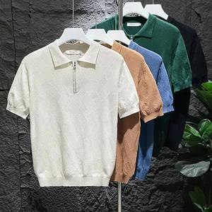 Polo d'été pour hommes, manches courtes en soie de glace tendance, haut rétro classique avec veines à grille solide, coupe ajustée, t-shirts amples - Product Image 4