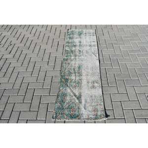 Vintage 1.7 X 3.8ft Vert Beige Laine Tapis Classique Grande Surface Tapis Turc Patchwork Abstrait Rectangle Latex pour Couloir - Product Image 1