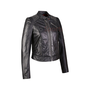 Chaqueta de cuero Negra original OEM para mujer, decoración de piedra, MOQ bajo de talla grande, chaquetas de cuero de alta calidad a la moda calentadas para invierno - Product Image 3