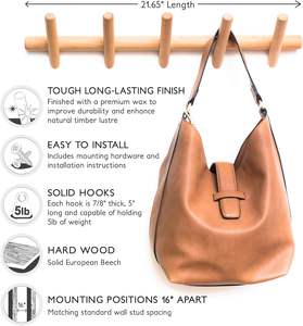 Porte-manteau et chapeau mural moderne 5 crochets, beau cintre d'entrée en bois avec chevilles-Chambre et salle de bain en bois Robe Rac - Product Image 3