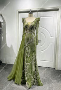 فاخرة عالية دبي حورية البحر مطرز فساتين السهرة الزيتون الأخضر الخامس الرقبة طويلة الأكمام شبكة مأدبة - Product Image 3