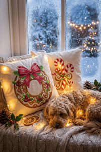 Cream Velvet <b>Throw</b> Pillow Cover with Zipper Closure Removable & Washable Embroidered Gingerbread Wreath and <b>Red</b> Bow Design - Product Image 4