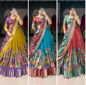 Lehenga Choli Tradicional de Seda Dola Kalamkari Amarillo Mostaza, Estilo Audaz y Herencia, Largo hasta el Suelo, Secado Rápido, Especial para Festivales - Product Image 6