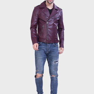 "Chaqueta para hombre Oxblood Maroon Faux Leather Biker Jacket | Estilo de motocicleta ajustado con detalles de cremallera y cintura con cinturón" - Product Image 5