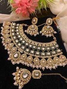 Ensemble de bijoux en acier inoxydable plaqué argent ethnique indien pakistanais classique élégant avec cristal traditionnel Kundan Meenakari - Product Image 3