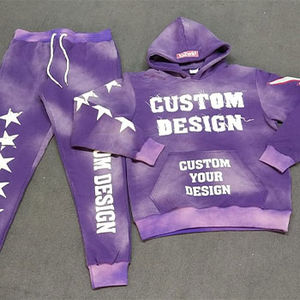 Custom Flared Bottom Acid Wash Puff Printring Sweatsuit <b>Distressed</b> Embroidery Chenille Patch Custom Made 2 Piece Sweatsuits - Product Image 1