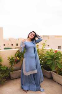 Conjunto de traje étnico azul cielo elegante para mujer con mangas bordadas, pantalones Palazzo, conjunto de fiesta elegante Dupatta - Product Image 2