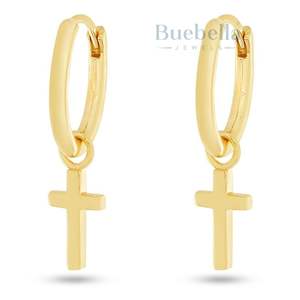 Boucles d'oreilles diamant en argent 925 avec croix pendante en or Boucles d'oreilles créoles pour hommes/femmes - Product Image 1