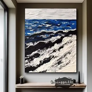 Живопись морская волна 3D текстурированная картина оригинальная синяя океанская волна, белая черная океанская волна абстрактная стена Современный декор для гостиной