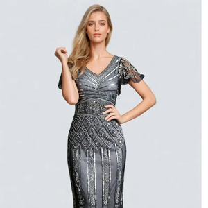 Elegante vestido de cóctel antiestático para mujer, vestido de noche de malla polivinílica transpirable de longitud completa, perlas bordadas, cuentas rectas para - Product Image 1