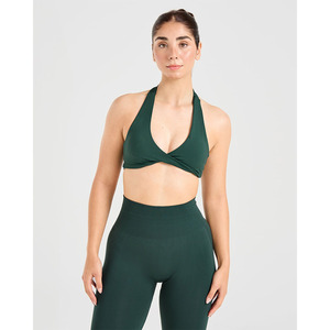 Nuevo Sujetador deportivo de cuello Halter verde profundo con escote en V envolvente detalle de espalda abierta último y alto impacto Sujetador deportivo de Fitness para mujeres adultas - Product Image 3