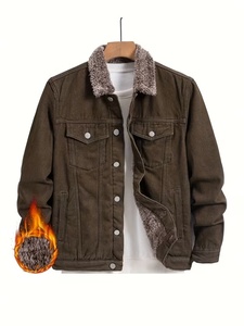 High Street Brown Fur Winter <b>Denim</b> Jacket With Fleece Lining Button Closure Casual Style Regular Fit Windproof Solid Color <b>Coat</b> - Product Image 1