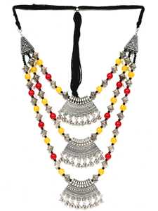 Womens Ethereal Oxidised Silver Layered Necklace with Red and <b>Yellow</b> Pearls Perfect for Saree Look - Product Image 2