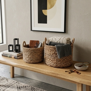 Ensemble de paniers de rangement en écorce de bananier naturelle, tressage épais, forme cylindrique, avec poignée en arche, pot de rangement, pot à linge, décoration artistique pure pour la maison - Product Image 6
