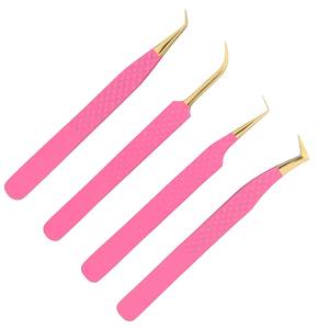Juego de alta calidad de 4 pinzas para extensiones de pestañas antiestáticas duraderas de precisión con agarre de diamante-Suministro de pestañas de acero japonés (rosa) - Product Image 5