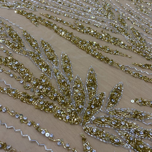 Beau tissu de mariage perlé à la main de couleur dorée 2023 Offre Spéciale avec cristal et paillettes fabricant de tissu - Product Image 1
