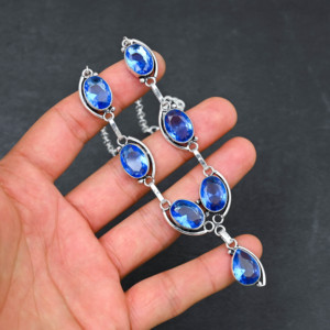 Collier en topaze bleue de laboratoire, forme poire, 10x14 mm, argent sterling, 18 pouces, cadeau de mariage de luxe, bijoux - Product Image 3