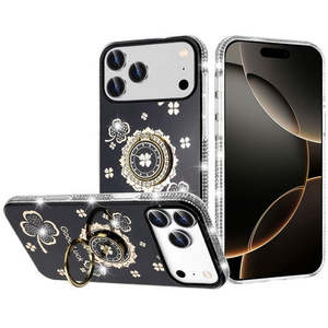 Coque Bling Noire avec Anneau Support et Bords Diamantés pour iPhone 18 Pro 2026 et iPhone 17 Pro 2025 - Product Image 1