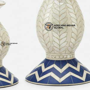 Bougeoirs coniques de luxe en incrustation d'os, base géométrique bleue et blanche, motif floral/feuillage, vente en gros, décoration intérieure et fournitures événementielles - Product Image 6