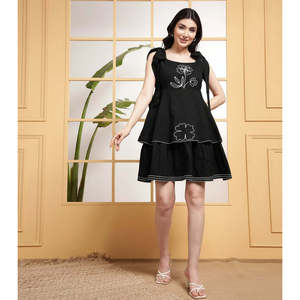 Deebaco Women's Black Cotton Sleeveless A-Line Mini <b>Dress</b> With Floral Embroidery Square Neck <b>Loose</b> Fit Casual Summer Wear - Product Image 1