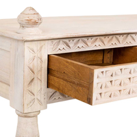 Table console moderne en bois de manguier blanc vieilli avec quatre tiroirs sculptés fabriqués à la main pour villa, hôtel, salon et couloir