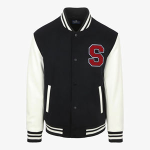 Veste universitaire pour homme, tendance, couleur noir et blanc, coupe ajustée décontractée, veste de baseball, veste universitaire en laine avec lettres - Product Image 1