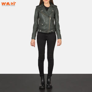 Genuine Green Leather Biker Jacket for Women <b>Slim</b> Fit <b>Belted</b> Waist Asymmetrical Zipper Classic Lapel Style Solid Plain Dyed - Product Image 5