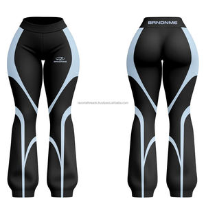 Pantalones acampanados elásticos de poliéster y spandex de primera calidad, 260 GSM, color beige, tela suave con paneles laterales curvos en contraste, estampado por sublimación - Product Image 4