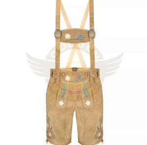 Vêtements taille moyenne personnalisés pour hommes Short Lederhosen bavarois en daim véritable Tissu en cuir météo doré Fabricant direct - Product Image 5