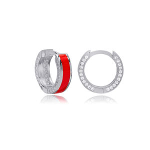 Red Color Enamel Design Clear Zircon Stone <b>Hoop</b> <b>Earrings</b> Turkish Handmade 925 Sterling Silver Jewelry - Product Image 5