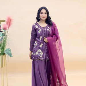 Designer Silk Party Wear <b>Top</b> Pallazo Dupatta Set New Indian & Pakistani Clothing - Product Image 1