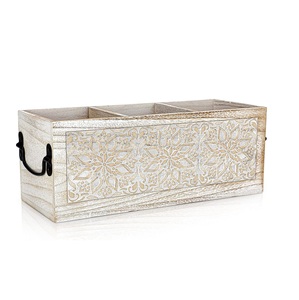 Caddy tallado de lavado blanco de lujo nuevo de madera tres secciones gran sujeción suministros de oficina herramientas de artesanía o elementos esenciales de comedor hogar - Product Image 1