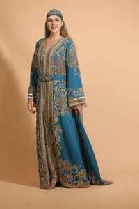 Teal Blue Luxury Moroccan Kaftan with Golden Embroidery Hand-Beaded Modest <b>Wedding</b> <b>Dress</b> - Product Image 2
