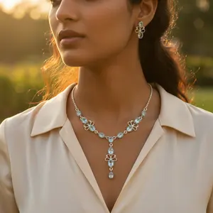 Collier en topaze bleue pour femme, argent 925, or 14 carats, or rose - Motif géométrique, bijoux en pierres précieuses, rhodium, taille princesse, cadeau parfait - Product Image 1