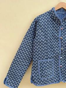 Veste Kimono matelassée en coton indien imprimé bloc biologique pour femme réversible bleu chaud respirant tissu courte longueur hiver - Product Image 4