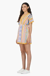 Gilr's Fashion Forever V Weaving with Texture Robe courte sans effort Style d'été Demi-manche Col plongeant Pompon une pièce - Product Image 6