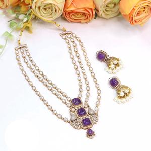 High Quality Classic Three Layer Gold Plated Stones Look Necklace <b>Set</b> With Earrings Wedding Wear jewelry Collection For <b>Women</b> - Product Image 2