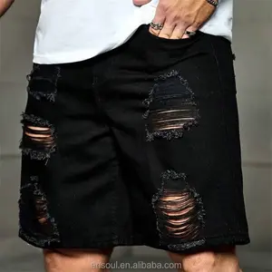 Venta al por mayor de alta calidad Streetwear negro holgado Denim Distressed Tear Shorts Custom Men Jean Shorts