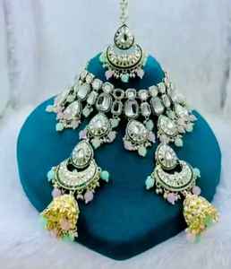 Conjunto de Collar de Novia con Piedras Kundan Exquisitas Más Vendido, con Pendientes y Tikka a Juego, Joyería Tradicional India para Bodas - Product Image 1