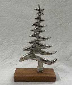 High Quality <b>Christmas</b> Decorations Aluminum <b>Tree</b> Ornaments with <b>Wooden</b> Base Trendy Metal Articles for Festive Decor - Product Image 1