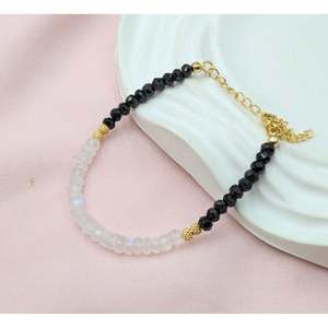 Gold Plated Beaded Bracelet with Black Spinel Rainbow Moonstone Onyx Zircon & Pearl <b>Charm</b> <b>Bangles</b> for Gifts - Product Image 3