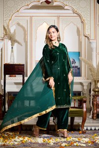 Women's Allover <b>Viscos</b> Velvet Jari Threads Embroidered Butti Lace Half Sleeve Party Salwar Kameez Indian Pakistani Heavy Faux - Product Image 5