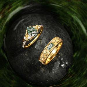 Jeulia Nature Inspired Leaf Carved Moss Agate Couple <b>Rings</b> <b>Set</b> - Product Image 4