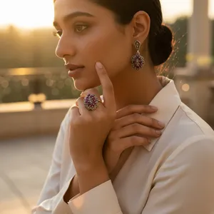 Ensemble de bijoux en zircon fin et perles pour femmes, boucles d'oreilles et bague plaquées or classiques, occasion de fête - Product Image 2
