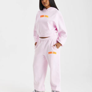 Survêtement décontracté 2 pièces pour femme, collection hiver 2026, avec logo personnalisé OEM, couleur unie rose, coupe droite, sweat à capuche court de sport - Product Image 1