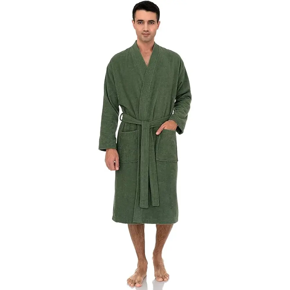 卸売数量男性用グリーンバスローブ綿100% テリー布バスローブセット男性用ベルトソフトバスローブ